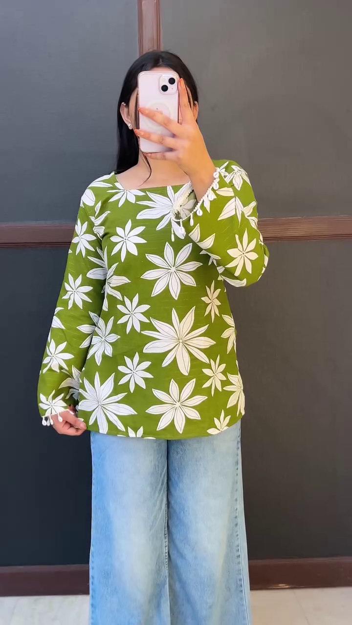 Green Floral Casual Top
