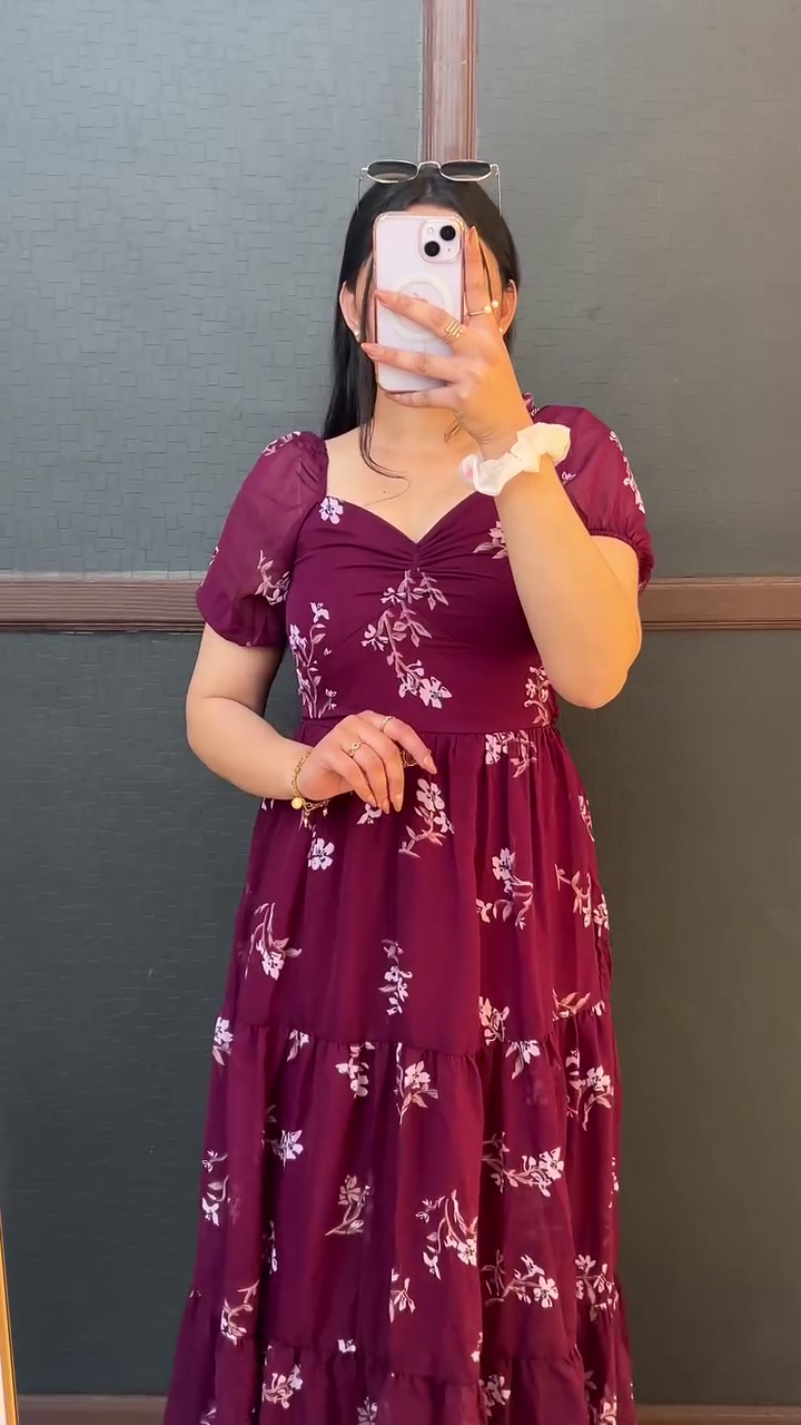 Maroon Floral Tiered Dress
