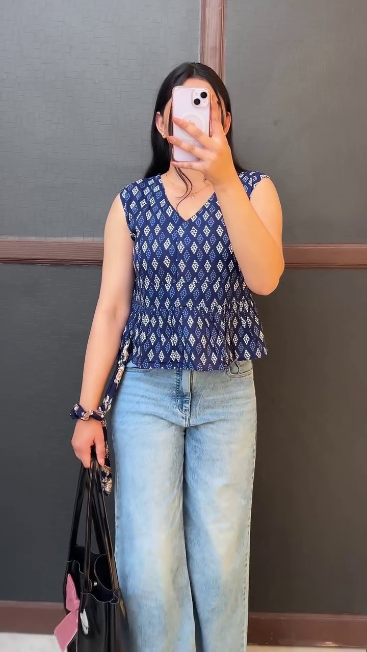 Blue Printed Peplum Top