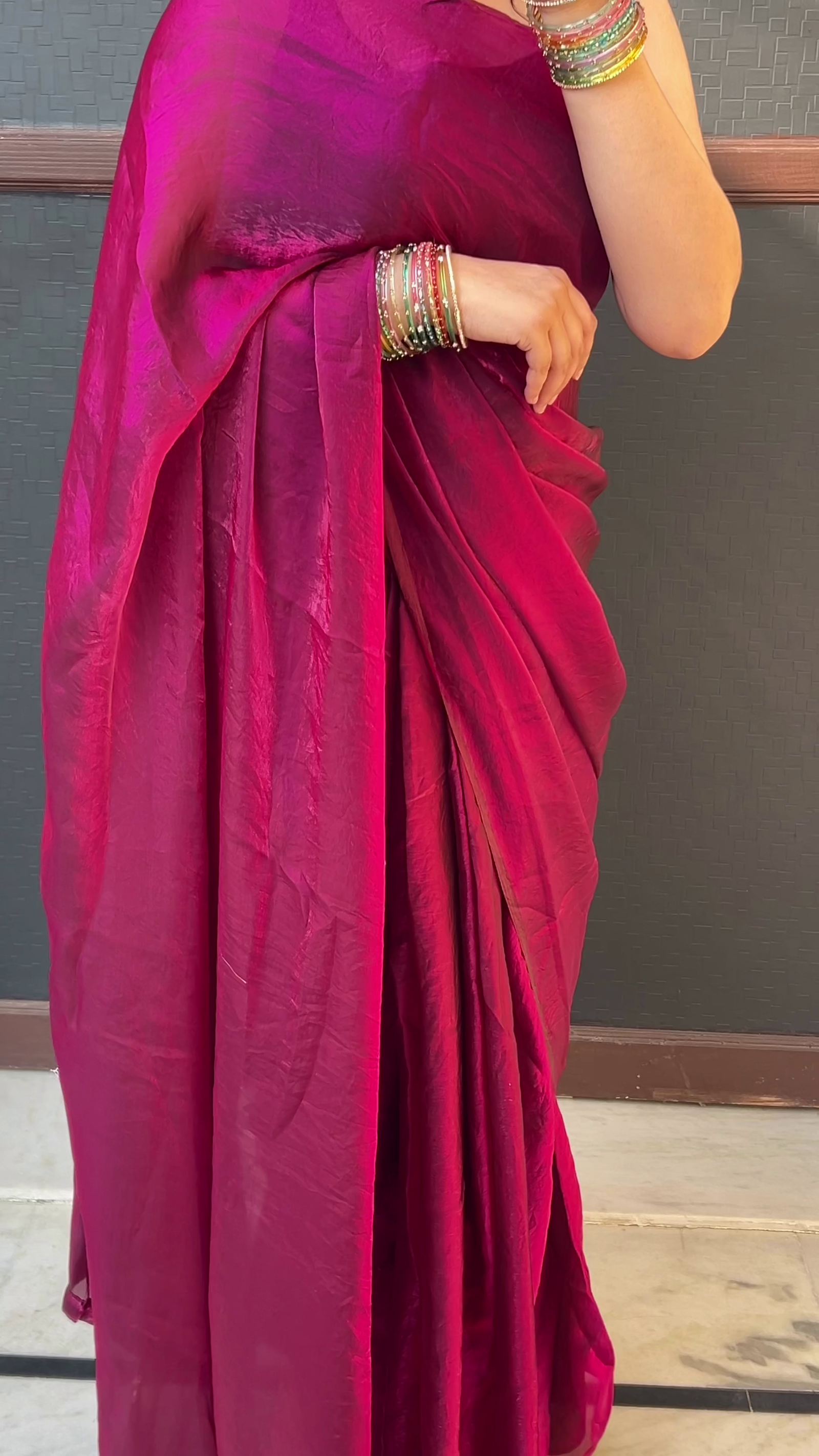 Satin Magenta Saree Look