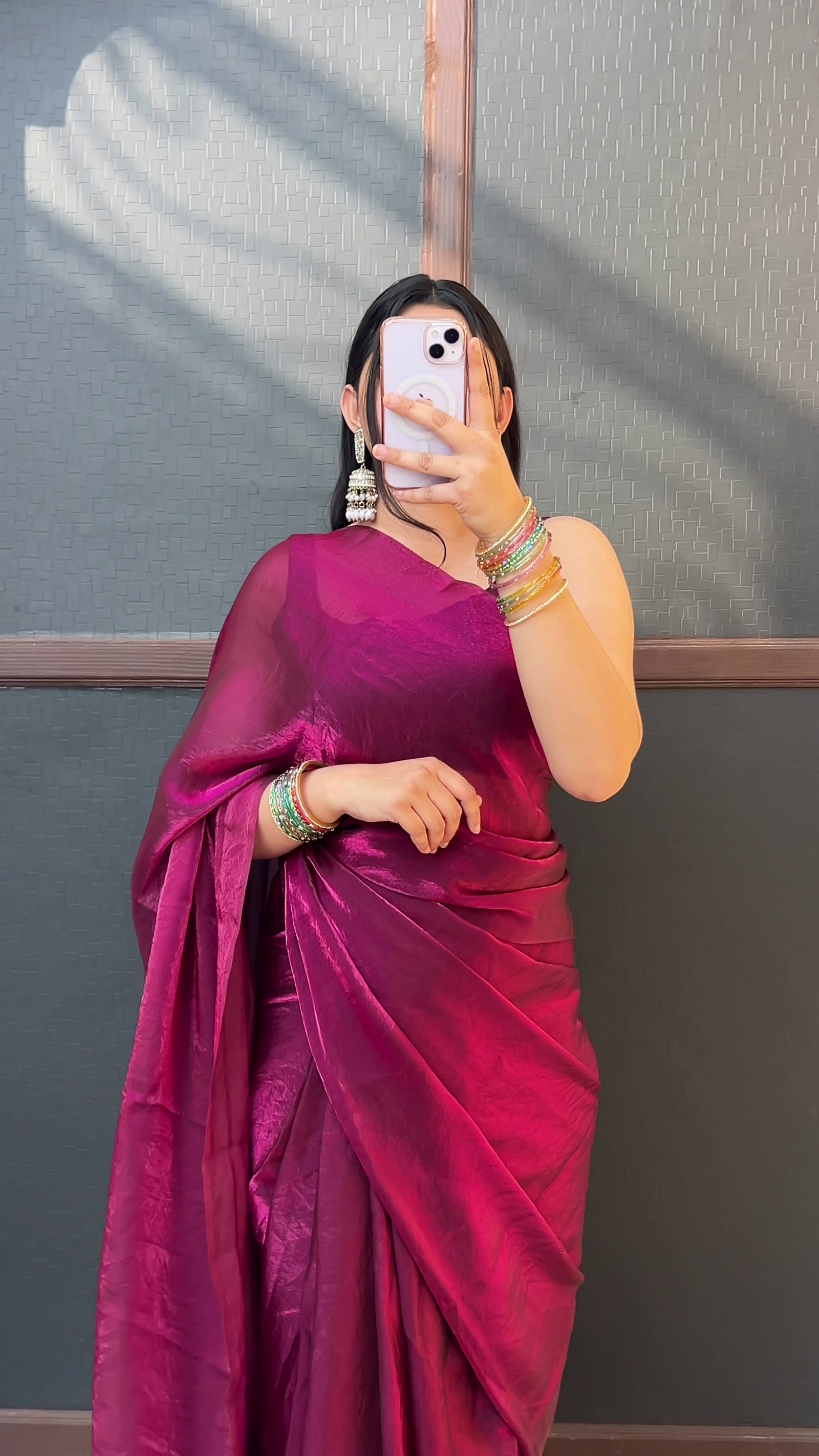 Satin Magenta Saree Look
