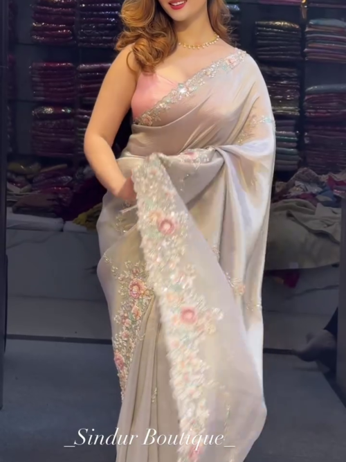 Pearlescent Grace: Contemporary Floral Embellished Silk Saree