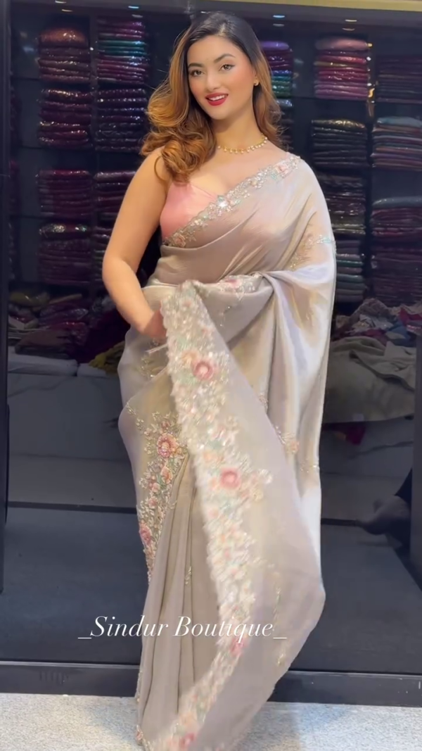 Pearlescent Grace: Contemporary Floral Embellished Silk Saree