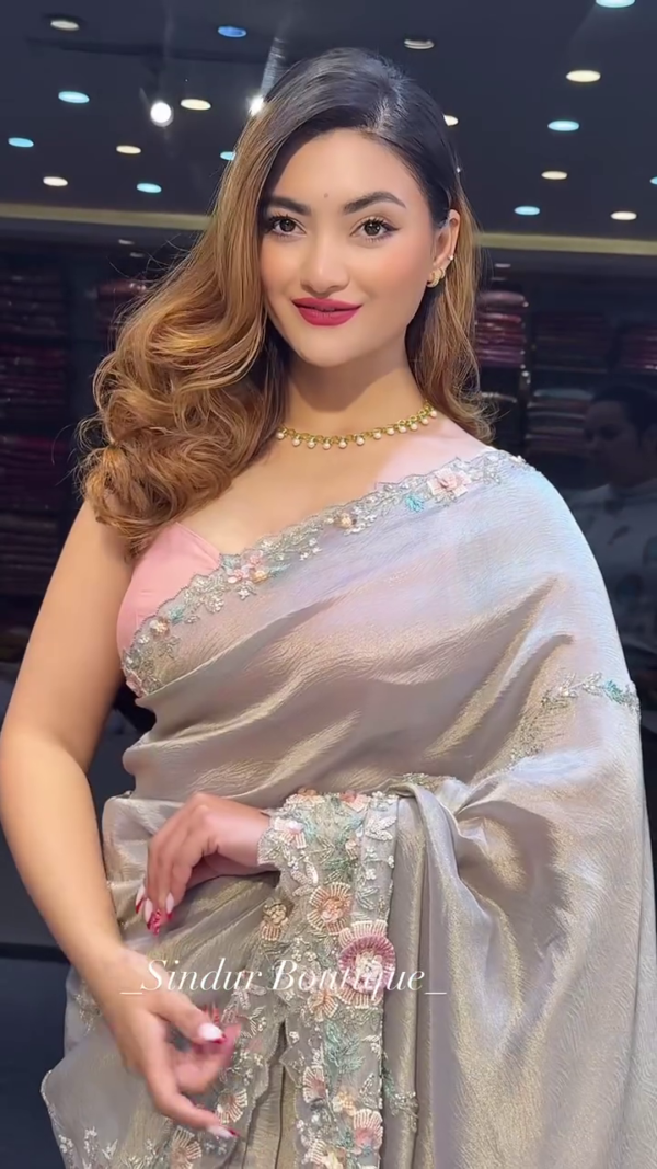 Pearlescent Grace: Contemporary Floral Embellished Silk Saree