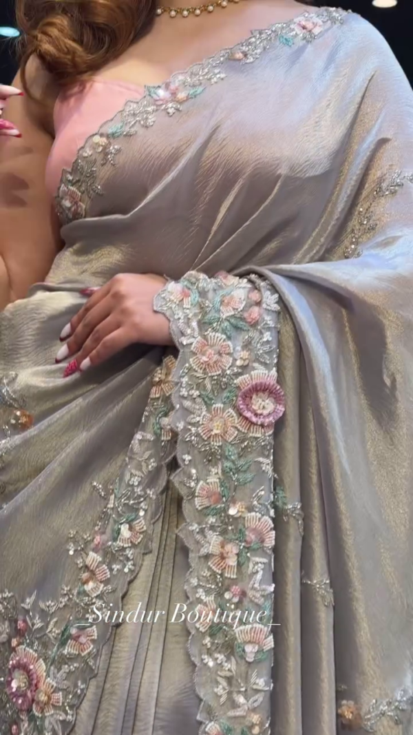 Pearlescent Grace: Contemporary Floral Embellished Silk Saree