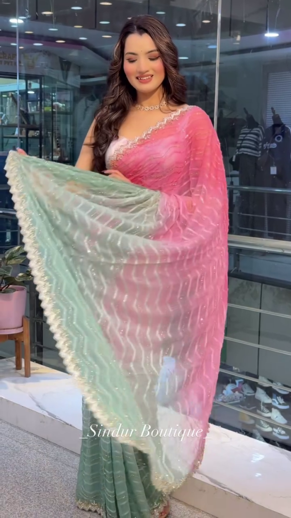 Rose Mist: Ombré Organza Saree with Chevron Shimmer