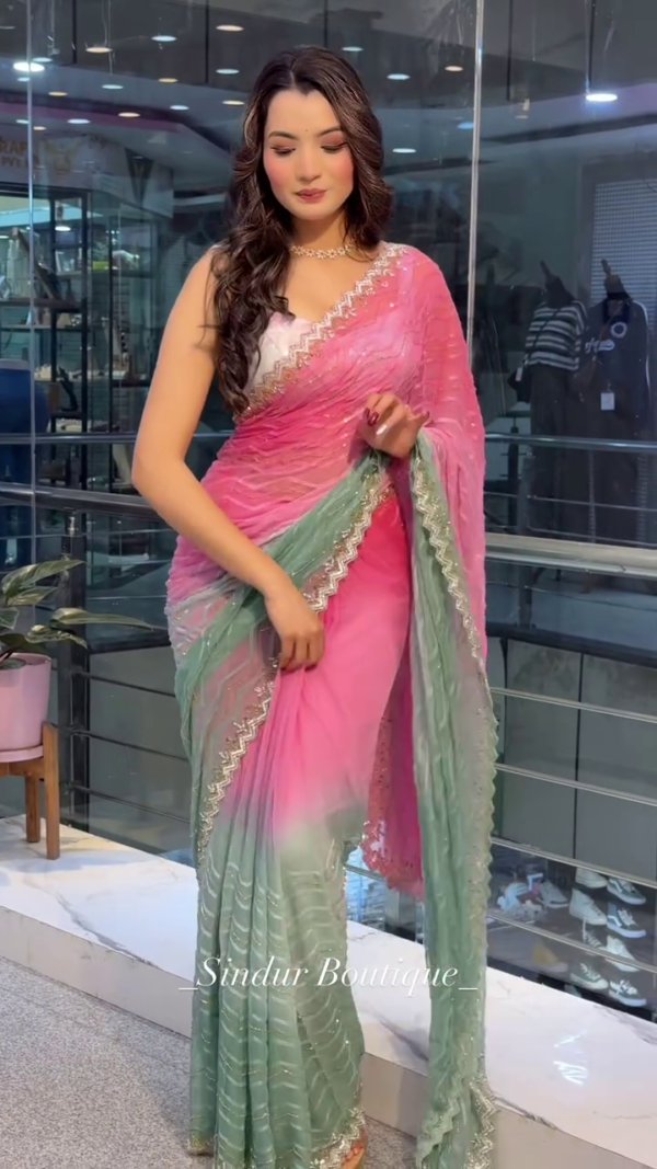 Rose Mist: Ombré Organza Saree with Chevron Shimmer