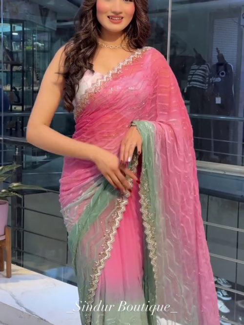 Rose Mist: Ombré Organza Saree with Chevron Shimmer