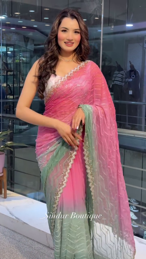 Rose Mist: Ombré Organza Saree with Chevron Shimmer