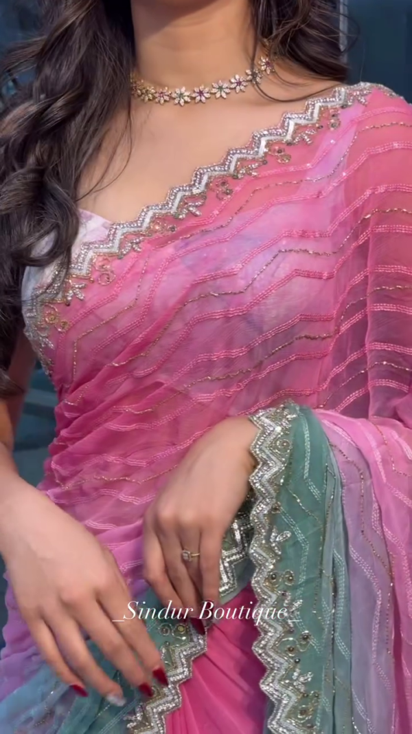 Rose Mist: Ombré Organza Saree with Chevron Shimmer