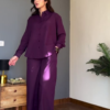 Elegant Purple Co-Ord Set – Button-Down Shirt with Wide-Leg Trousers
