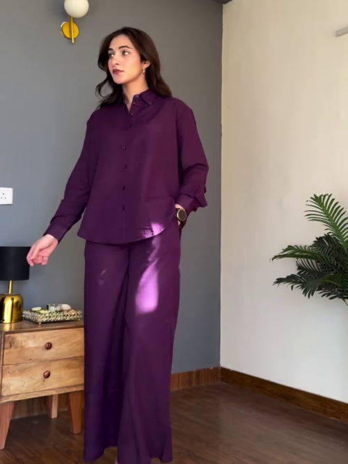 Elegant Purple Co-Ord Set – Button-Down Shirt with Wide-Leg Trousers