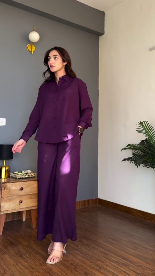 Elegant Purple Co-Ord Set – Button-Down Shirt with Wide-Leg Trousers