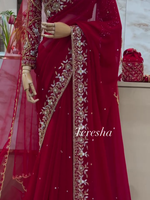 Regal Ruby: Hand-Embroidered Bridal Georgette Saree by Teresha