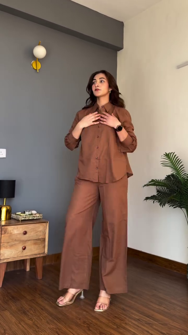 Elegant Purple Co-Ord Set – Button-Down Shirt with Wide-Leg Trousers