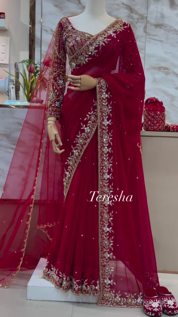 Regal Ruby: Hand-Embroidered Bridal Georgette Saree by Teresha