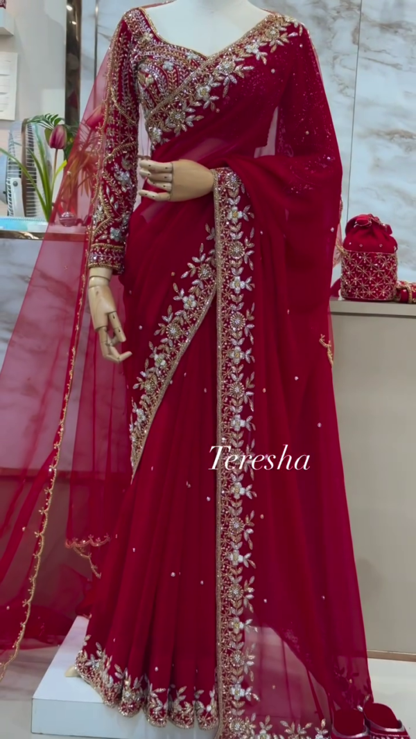 Regal Ruby: Hand-Embroidered Bridal Georgette Saree by Teresha