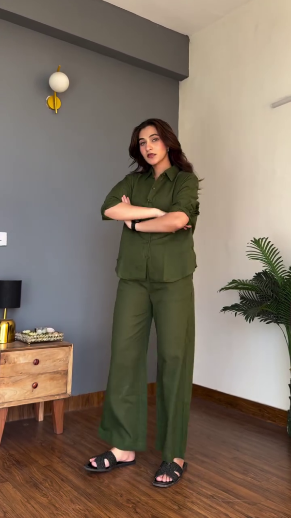 Elegant Purple Co-Ord Set – Button-Down Shirt with Wide-Leg Trousers