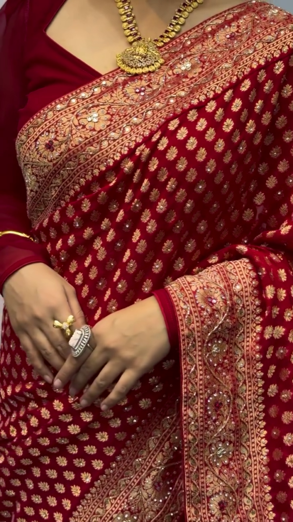 Maroon Pure Banarasi Handloom Georgette Saree – A Regal Blend of Tradition and Elegance