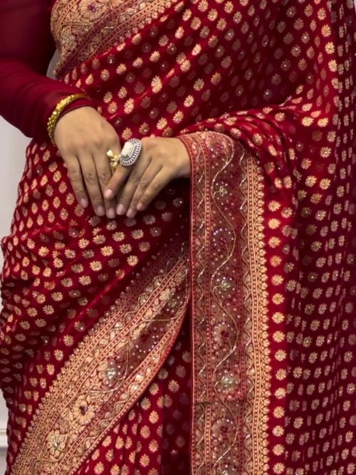 Maroon Pure Banarasi Handloom Georgette Saree – A Regal Blend of Tradition and Elegance