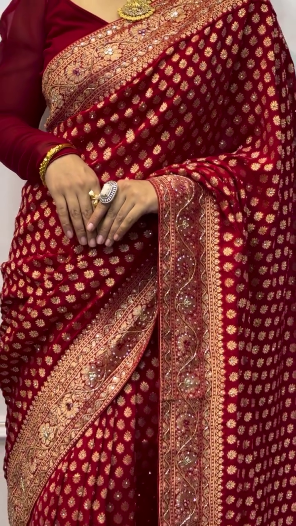 Maroon Pure Banarasi Handloom Georgette Saree – A Regal Blend of Tradition and Elegance