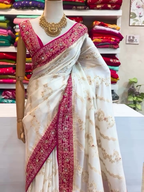 White & Pink Handloom Mercerised Cotton Bengal Saree – A Graceful Symbol of Elegance