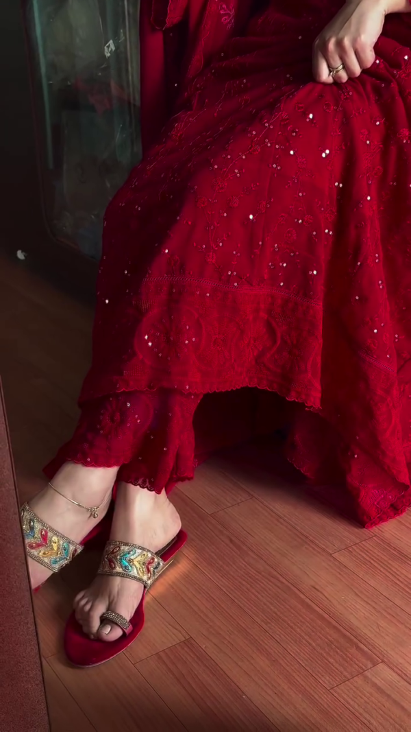 Elegant Chinon Silk Red Sharara Dress for Karwa Chauth – A Perfect Blend of Tradition and Glamour