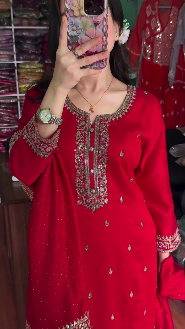 Elegant Chinon Silk Red Sharara Dress for Karwa Chauth – A Perfect Blend of Tradition and Glamour