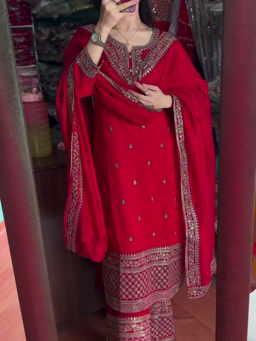 Elegant Chinon Silk Red Sharara Dress for Karwa Chauth – A Perfect Blend of Tradition and Glamour
