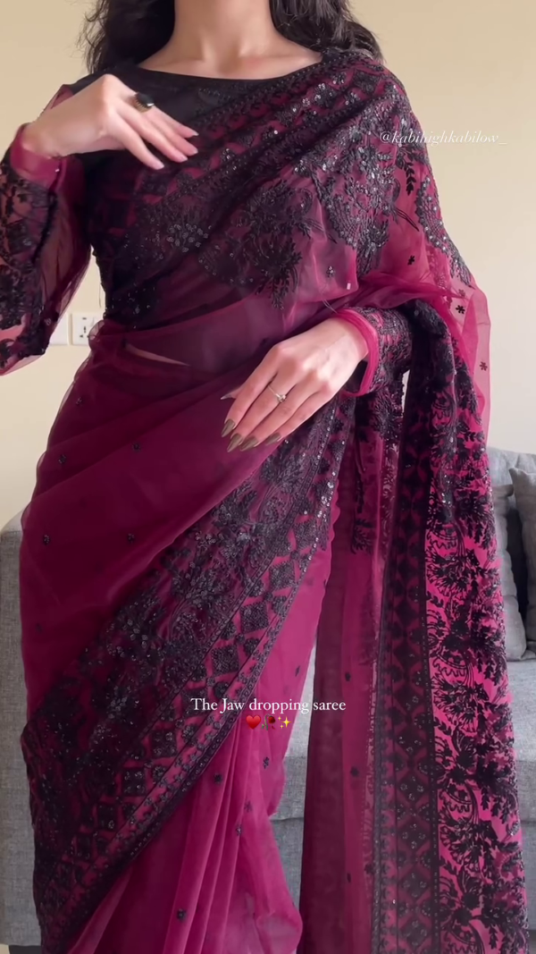 Exquisite Raspberry Wine Floral Patterned Stone Work Saree – A Perfect Blend of Elegance and Glamour