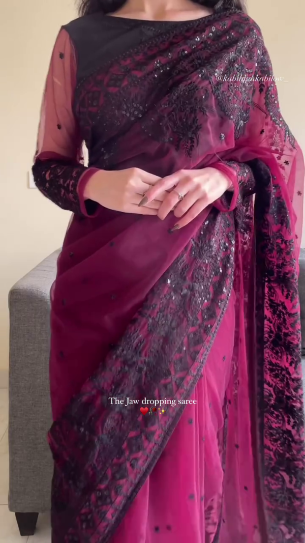 Exquisite Raspberry Wine Floral Patterned Stone Work Saree – A Perfect Blend of Elegance and Glamour