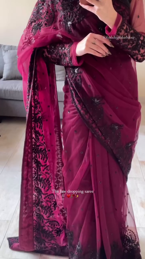 Exquisite Raspberry Wine Floral Patterned Stone Work Saree – A Perfect Blend of Elegance and Glamour