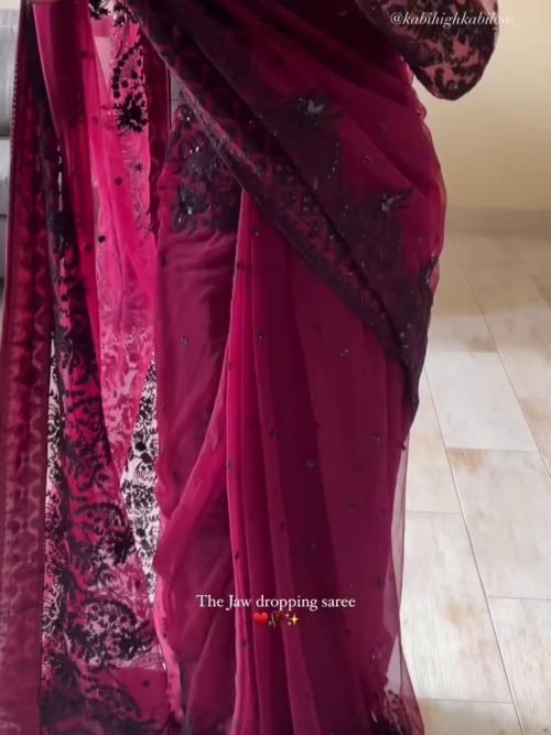 Exquisite Raspberry Wine Floral Patterned Stone Work Saree – A Perfect Blend of Elegance and Glamour