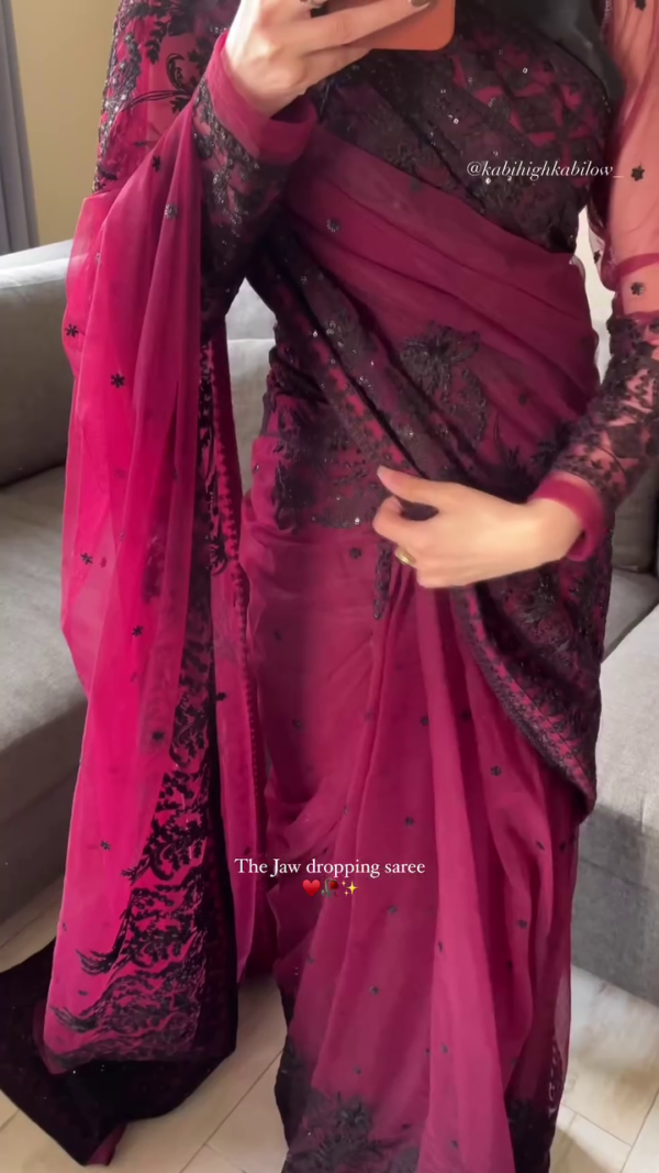 Exquisite Raspberry Wine Floral Patterned Stone Work Saree – A Perfect Blend of Elegance and Glamour
