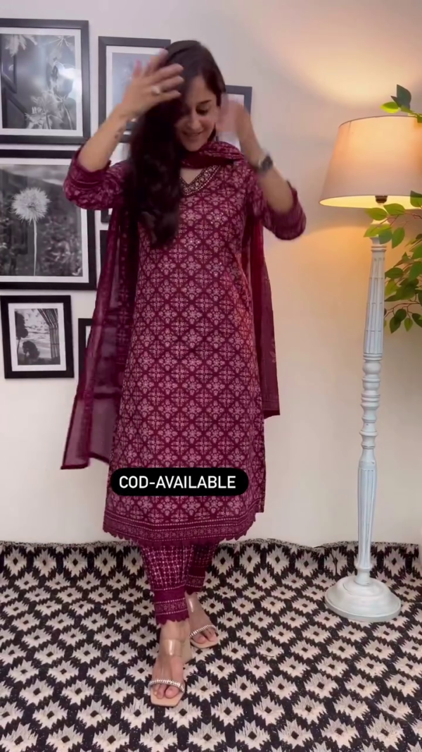 Elegant Wine Color Floral Cotton Afghani Suit Set – Comfortable & Chic for Every Occasion