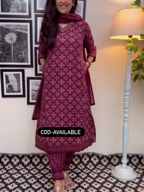 Elegant Wine Color Floral Cotton Afghani Suit Set – Comfortable & Chic for Every Occasion