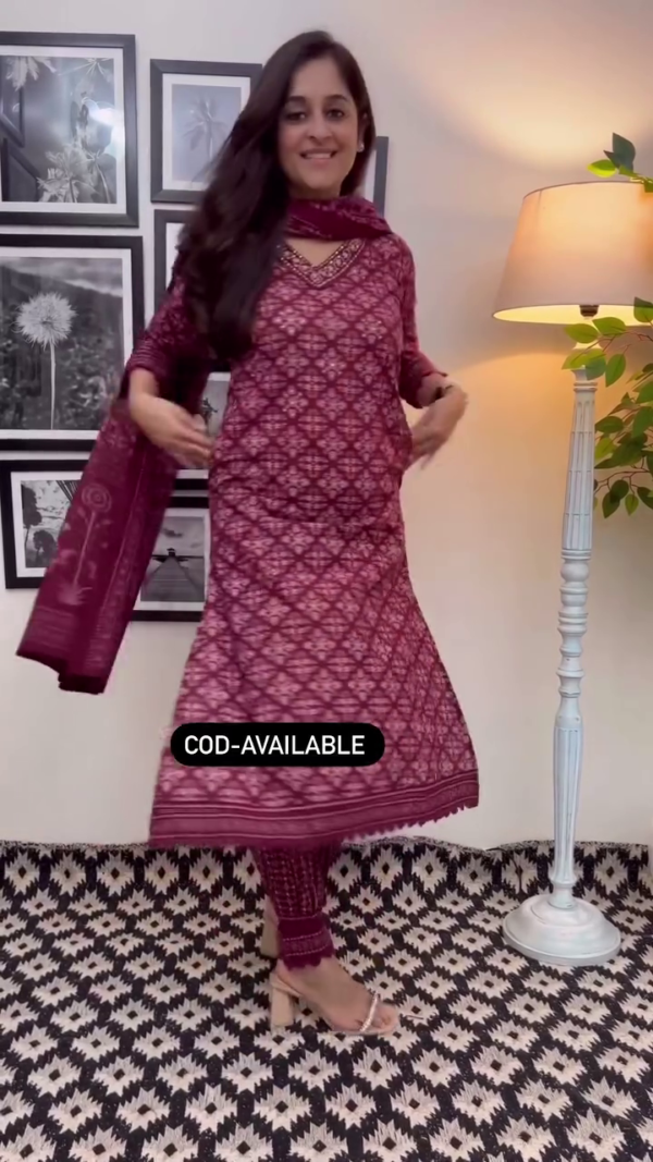 Elegant Wine Color Floral Cotton Afghani Suit Set – Comfortable & Chic for Every Occasion