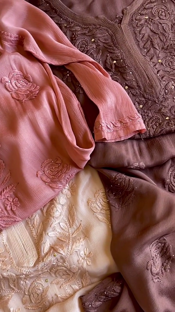 Elegant Pink, Brown, and White Premium Cotton Chikankari Kurta – Traditional Artistry with Modern Comfort