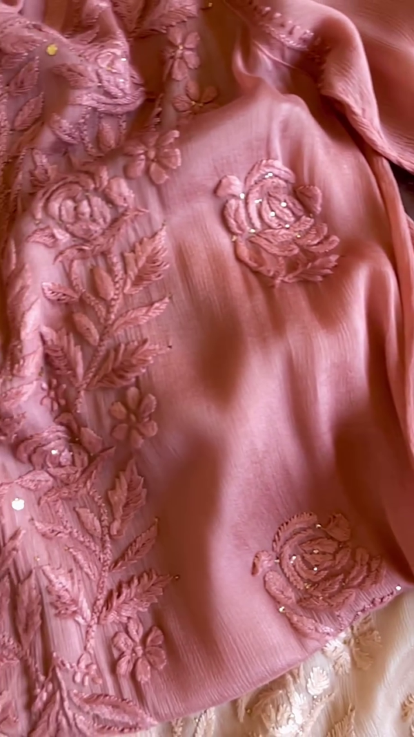 Elegant Pink, Brown, and White Premium Cotton Chikankari Kurta – Traditional Artistry with Modern Comfort