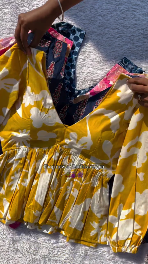 Multicolored Patch Full Puffy Sleeves Removable Cup Cotton Top – A Stylish and Versatile Wardrobe Essential