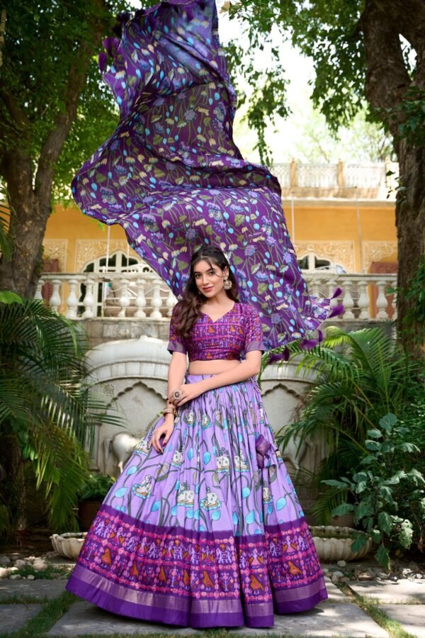 Lavender Pichwai & Patola Print Tussar Silk Lehenga Choli with Zari Weaving Border
