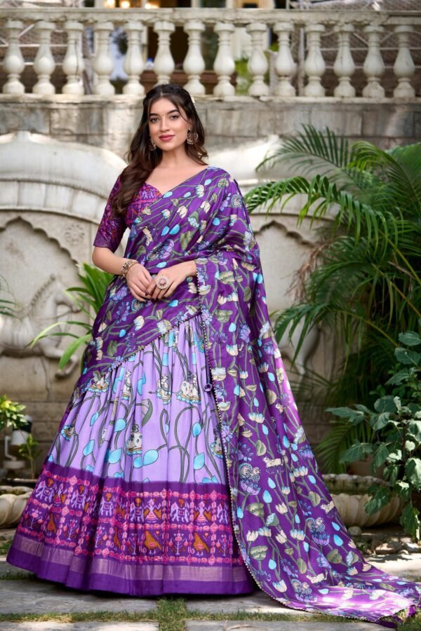 Lavender Pichwai & Patola Print Tussar Silk Lehenga Choli with Zari Weaving Border
