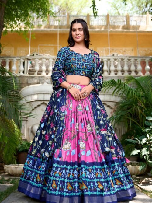 Pink Tussar Silk Lehenga Choli Set with Pichwai and Patola Print Elegant Ethnic Wear