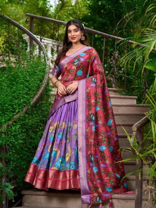 Lavender Color Kalamkari Print With Zari Weaving Dola Silk Voni Lehenga Choli