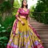 Mustard Dola Silk Lehenga Choli Set with Kalamkari Print and Zari Weaving