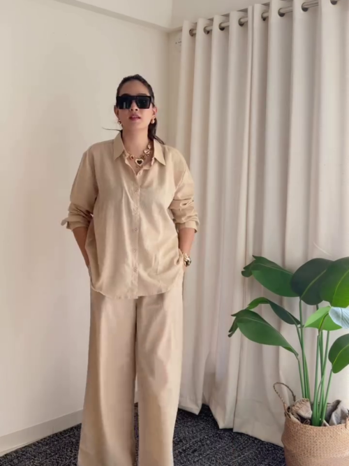 🤎 Minimal Beige Co-Ord Shirt & Wide-Leg Pants Set