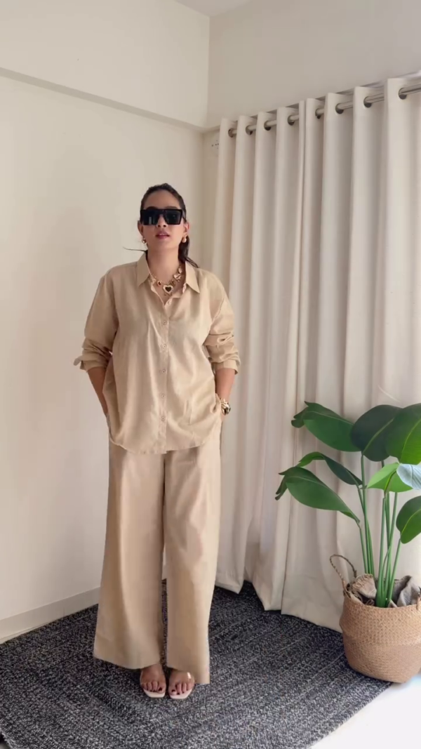 🤎 Minimal Beige Co-Ord Shirt & Wide-Leg Pants Set