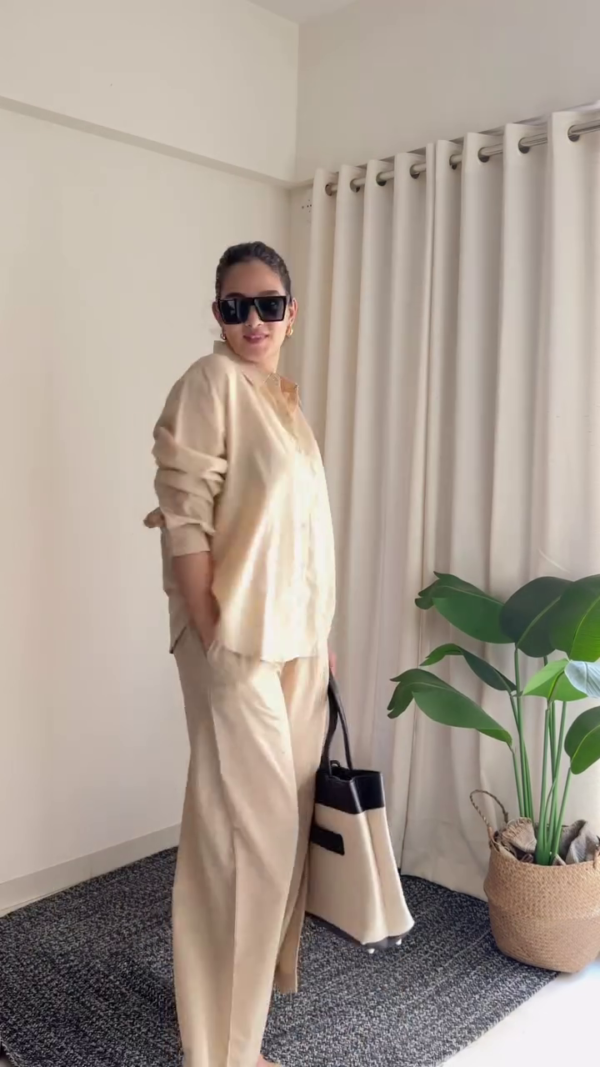 🤎 Minimal Beige Co-Ord Shirt & Wide-Leg Pants Set