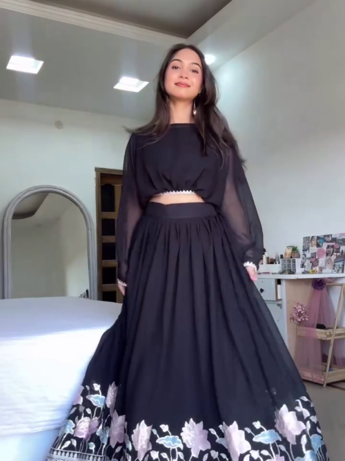 Midnight Bloom Embroidered Crop Top & Skirt Set