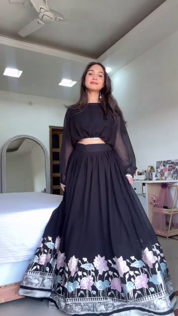 Midnight Bloom Embroidered Crop Top & Skirt Set